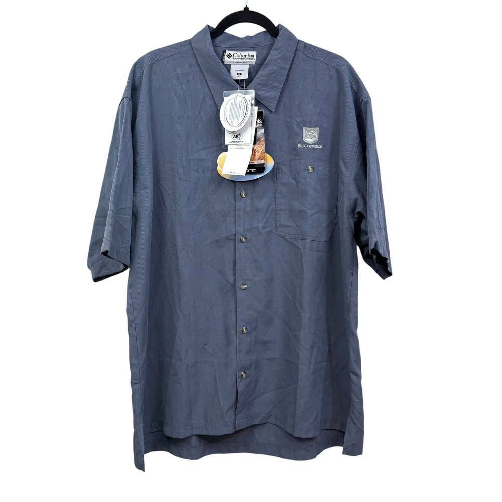 Columbia Mens Button Up Shirt Short Sleeve Breckenridge Logo Outdoor Slate Sz M*